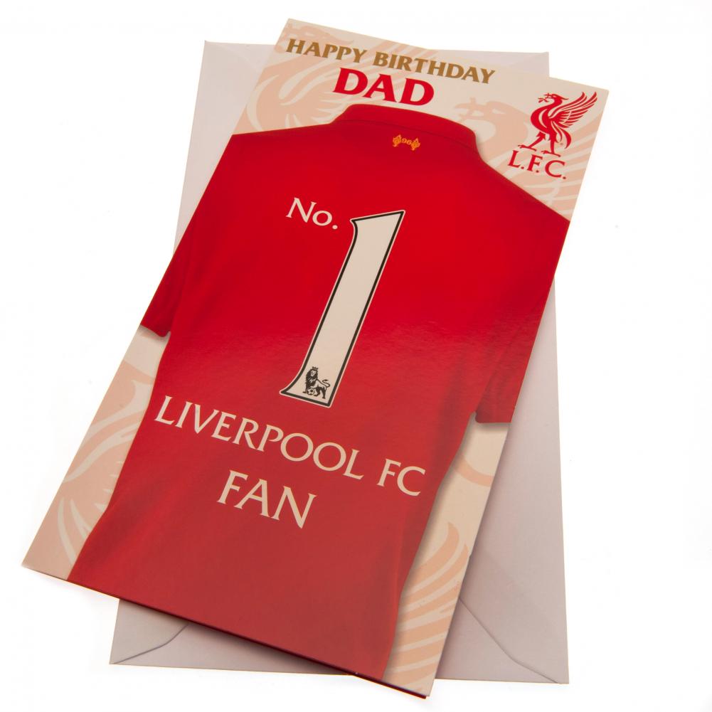 Liverpool FC gloss No. 1 Dad birthday card with a Liverpool shirt graphic and Happy Birthday Dad text