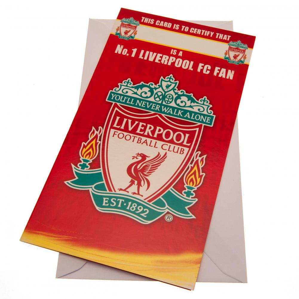 Liverpool FC colourful gloss No. 1 Fan birthday card with a large club crest and space for a name