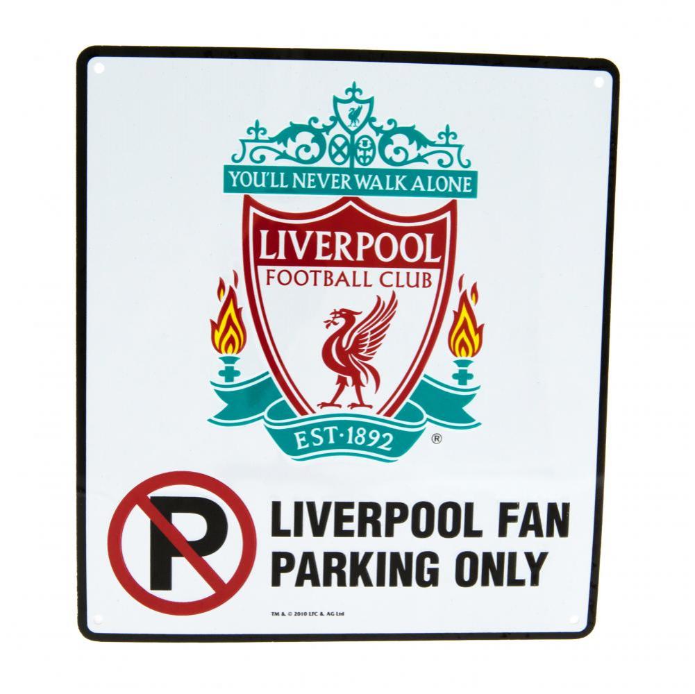 White Liverpool FC stamped metal wall sign with a black border, large crest and Liverpool Fan Parking Only text