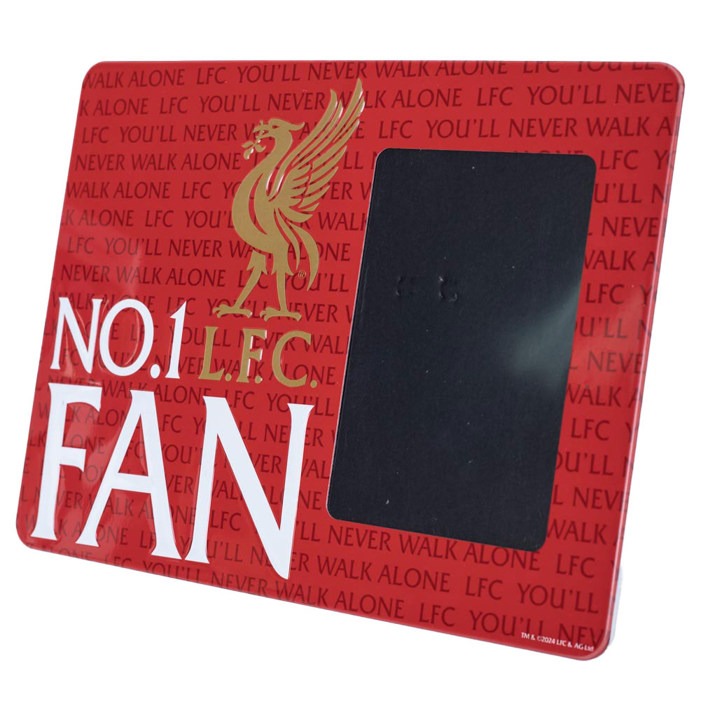 Liverpool FC metal photo frame sign with the Liverbird LFC crest, No.1 FAN text and a portrait photo area