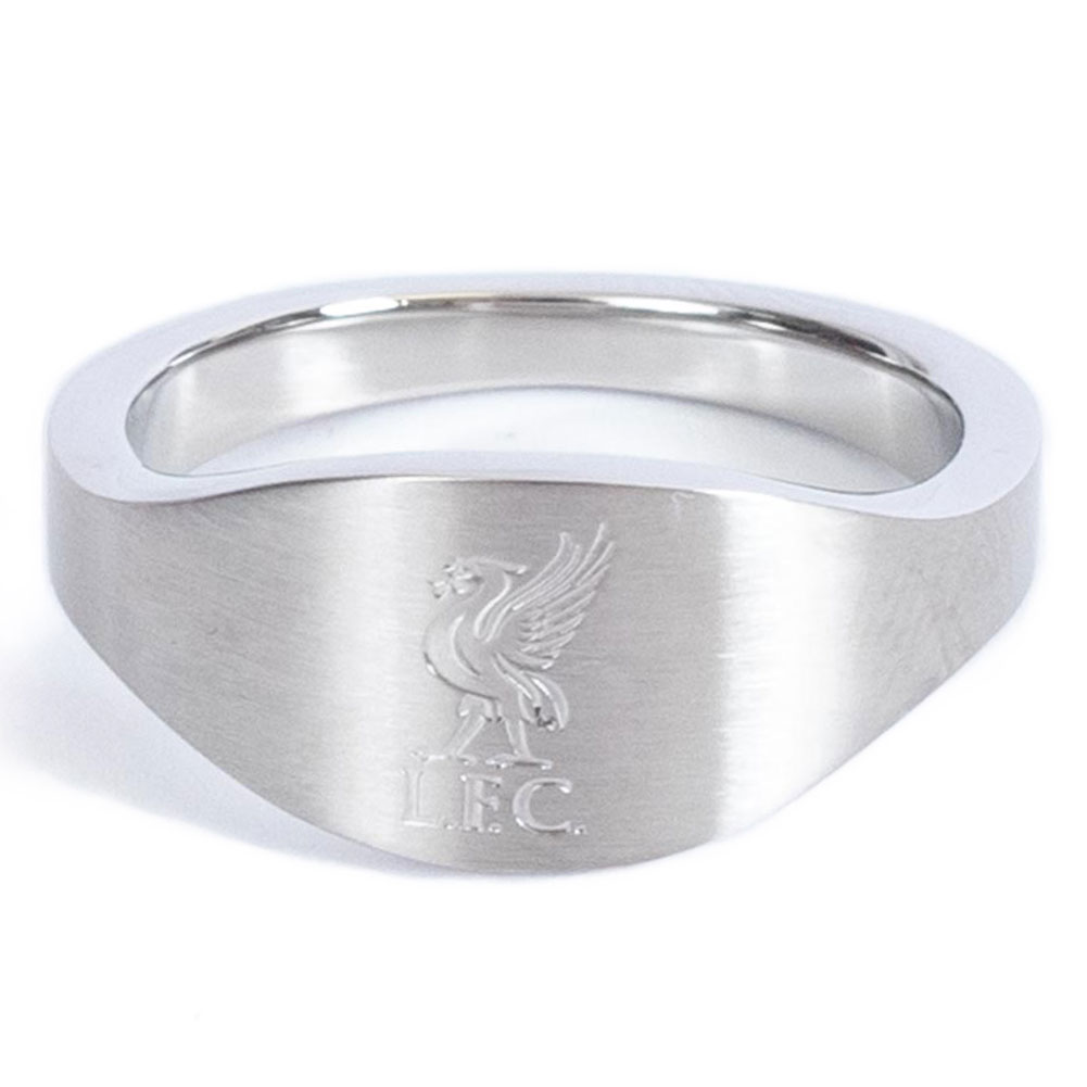 Liverpool FC stainless steel oval design ring in a brushed satin finish, engraved with the Liverpool crest