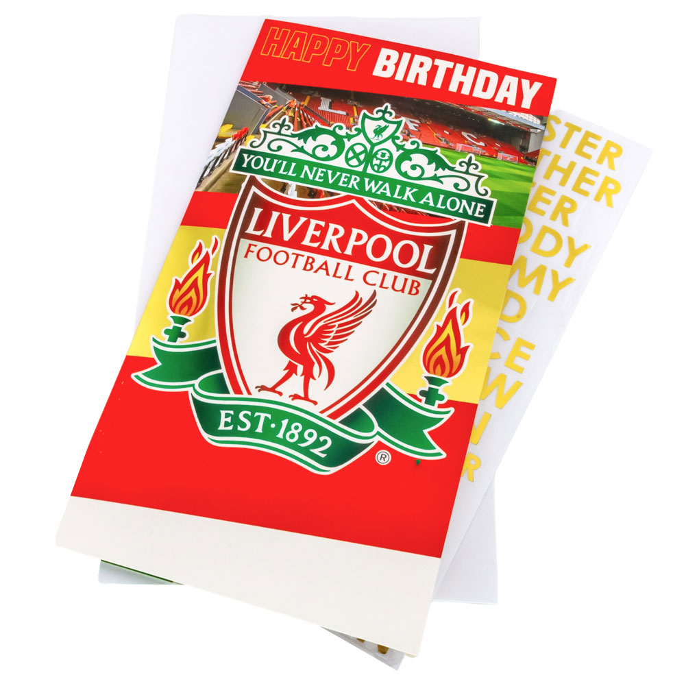 Liverpool FC red and white gloss birthday card with a large LFC crest and family relation stickers