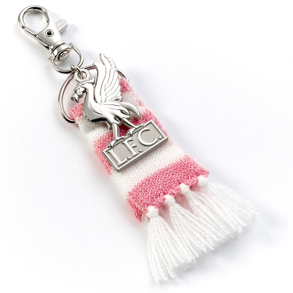 Liverpool FC pink and white bar scarf bag charm with silver Liverbird charm and lobster claw clasp