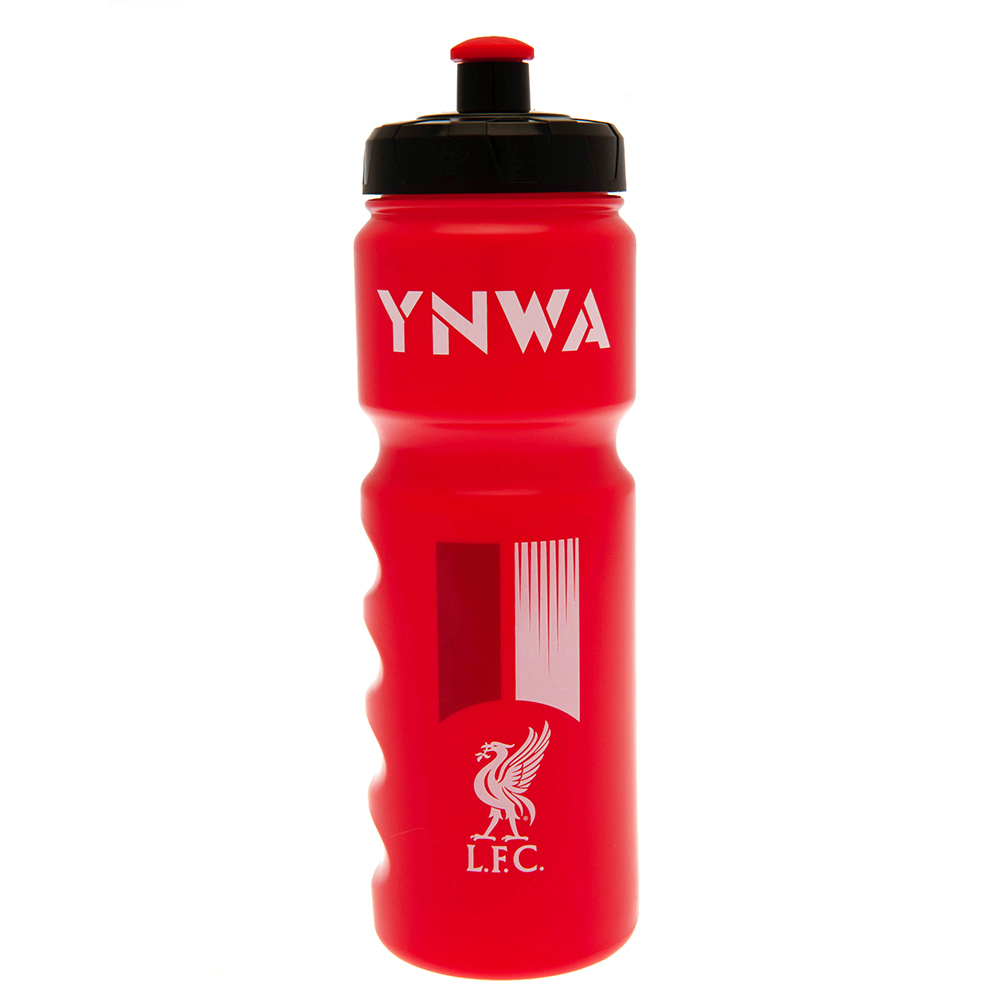 Red stripe Liverpool FC plastic drinks bottle with a white Liverbird crest and YNWA text