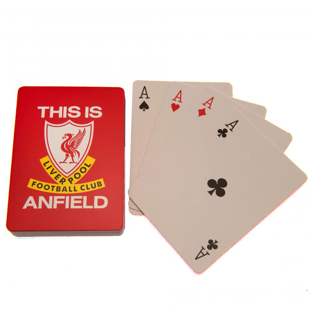 Liverpool FC linen playing cards with the retro Liverbird crest and This Is Anfield text on each card