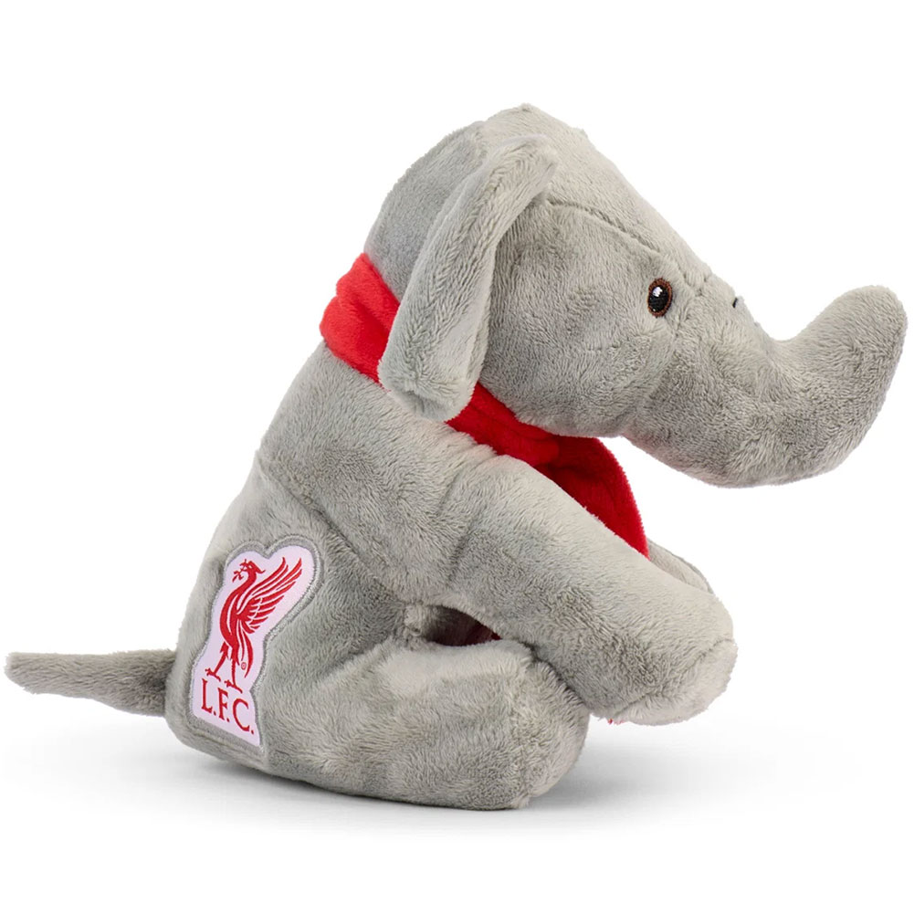 Liverpool FC freestanding plush elephant with a woven Liverpool crest on the side and a team colour bar scarf