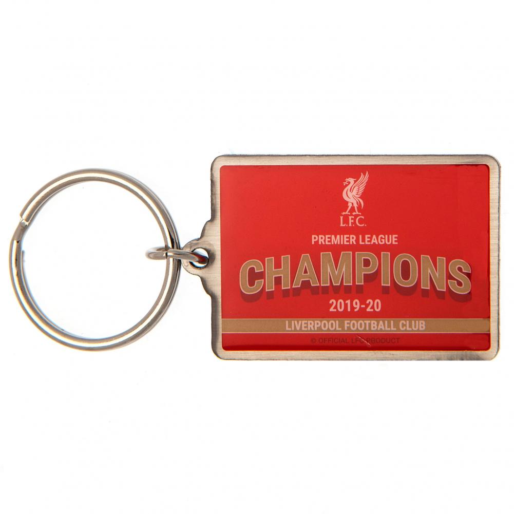 Liverpool FC rectangular metal keyring with a full colour enamel Premier League Champions 2019-20 design