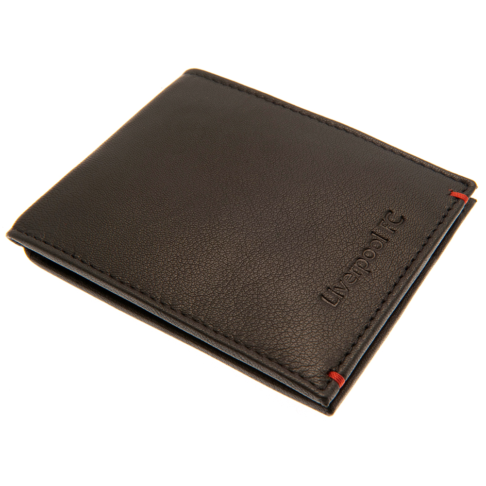 Black Liverpool FC leather wallet with embossed Liverpool FC text, red stitching and a red leather inner