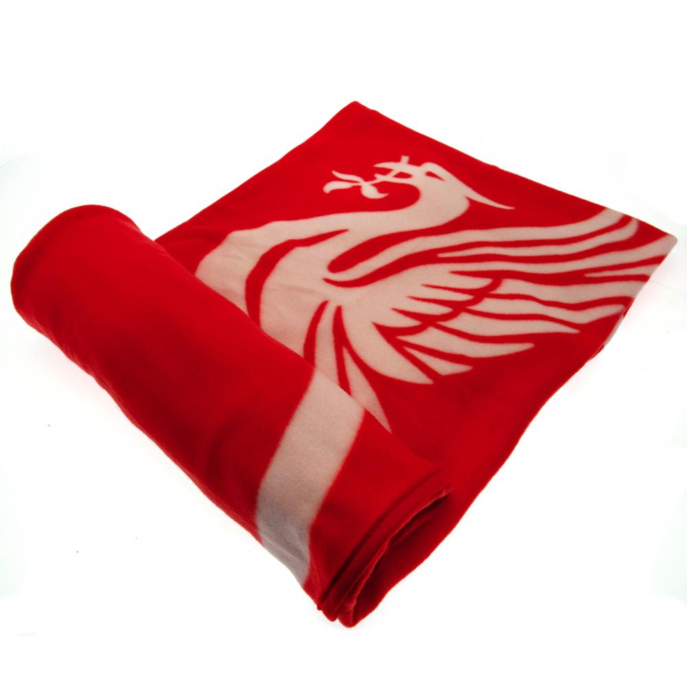 Liverpool FC vibrant red pulse design fleece blanket with a large white club crest in the centre