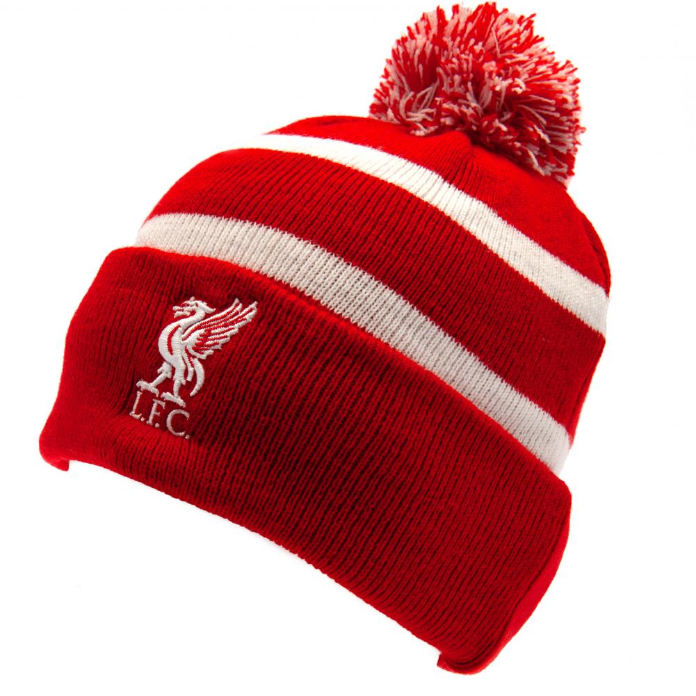 Liverpool FC red cuff knit bobble hat with a white stripe, red and white bobble and raised white crest