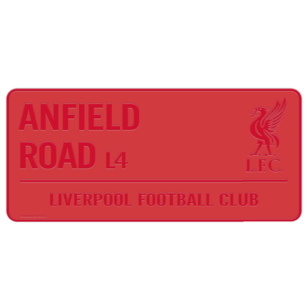 Liverpool FC vibrant red gloss finish metal Anfield Road street sign with embossed text and a Liverbird