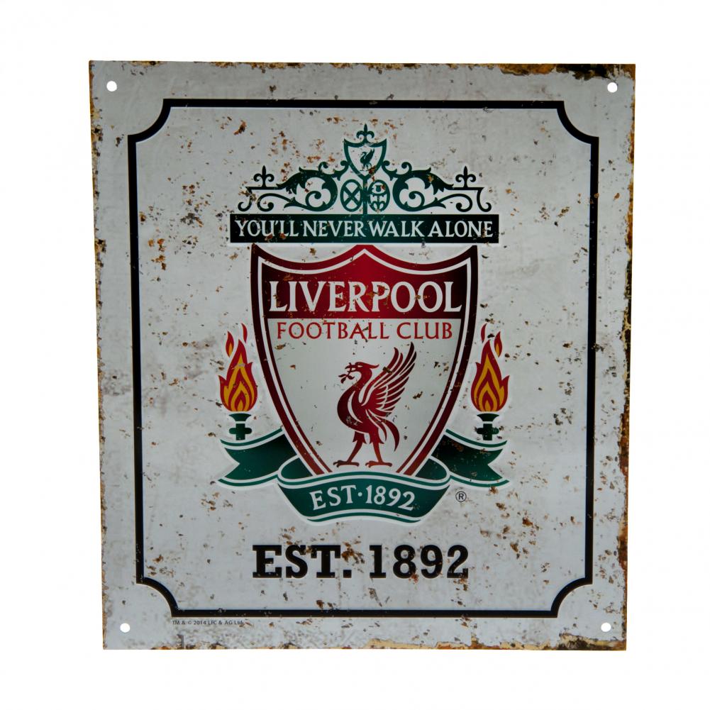 Liverpool FC vintage look stamped metal wall sign with a full colour retro Liverpool crest and established date
