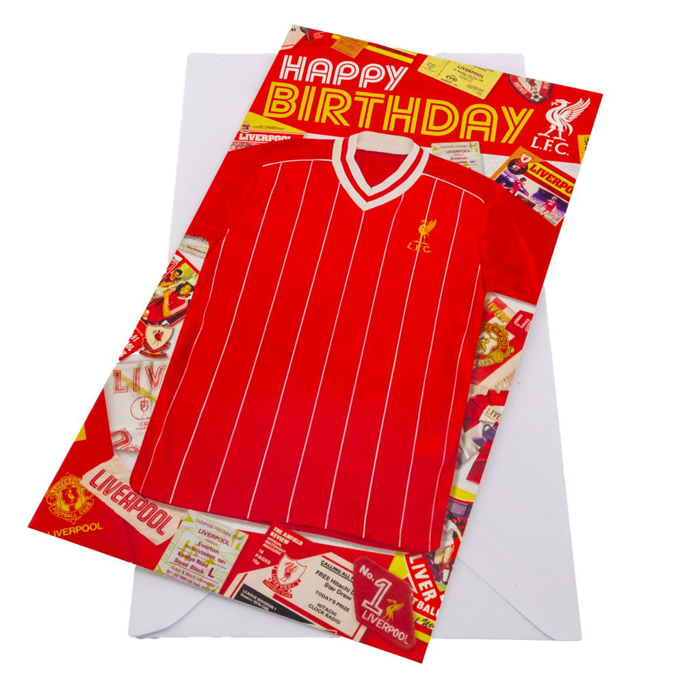 Liverpool FC red and white gloss birthday card with a retro LFC shirt and other retro memorabilia items