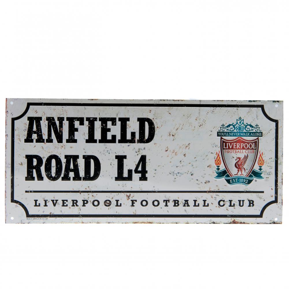Liverpool FC retro style Anfield L4 road sign in gloss stamped metal on a rustic look background