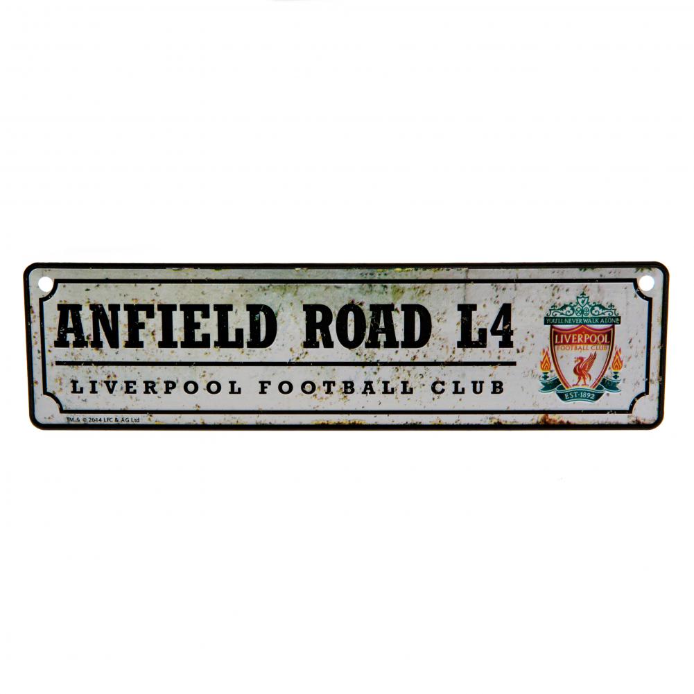 Liverpool FC Anfield road sign in stamped metal for window display on a rustic look background