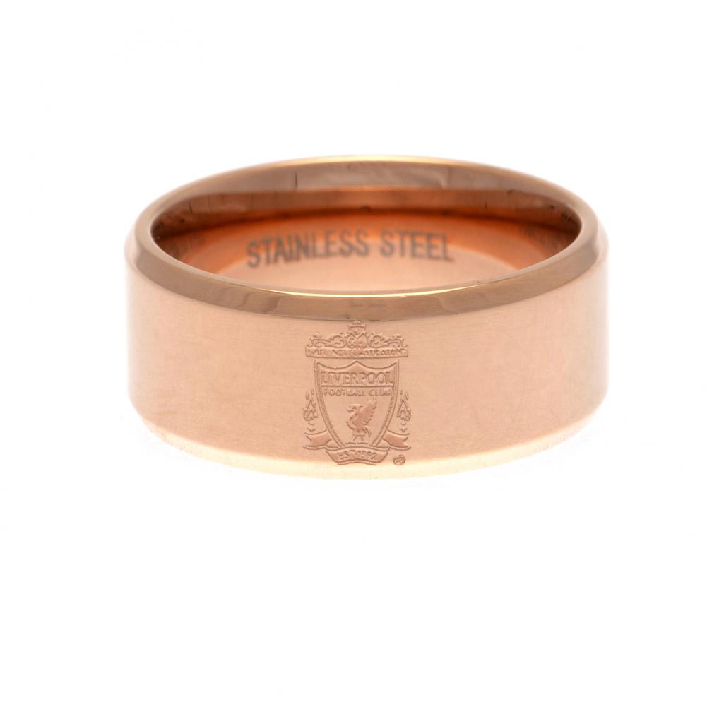 Liverpool FC rose gold plated band ring with a bevelled edge and an engraved Liverpool crest