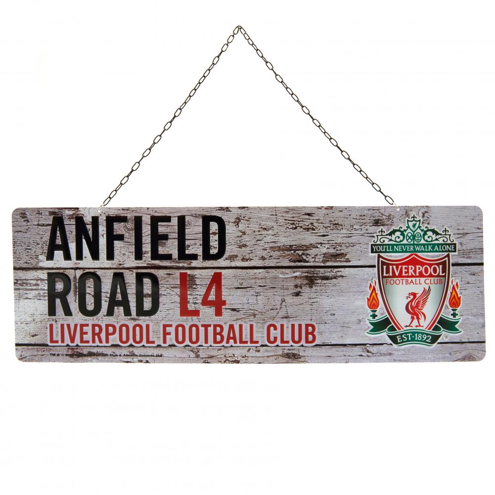 Liverpool FC rustic stamped metal hanging sign with a large club crest on a wood panel effect background