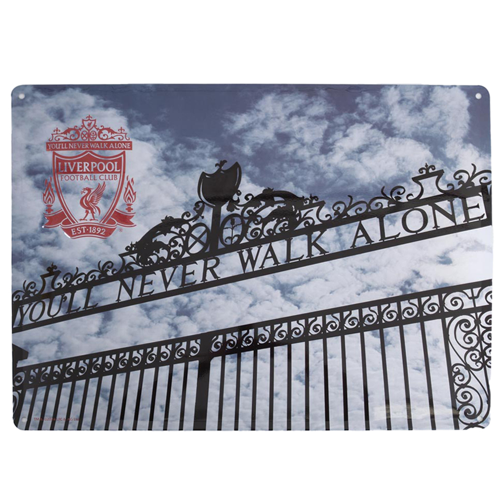 Liverpool FC large metal stadium photo sign of the Shankly Gates with an embossed crest top left