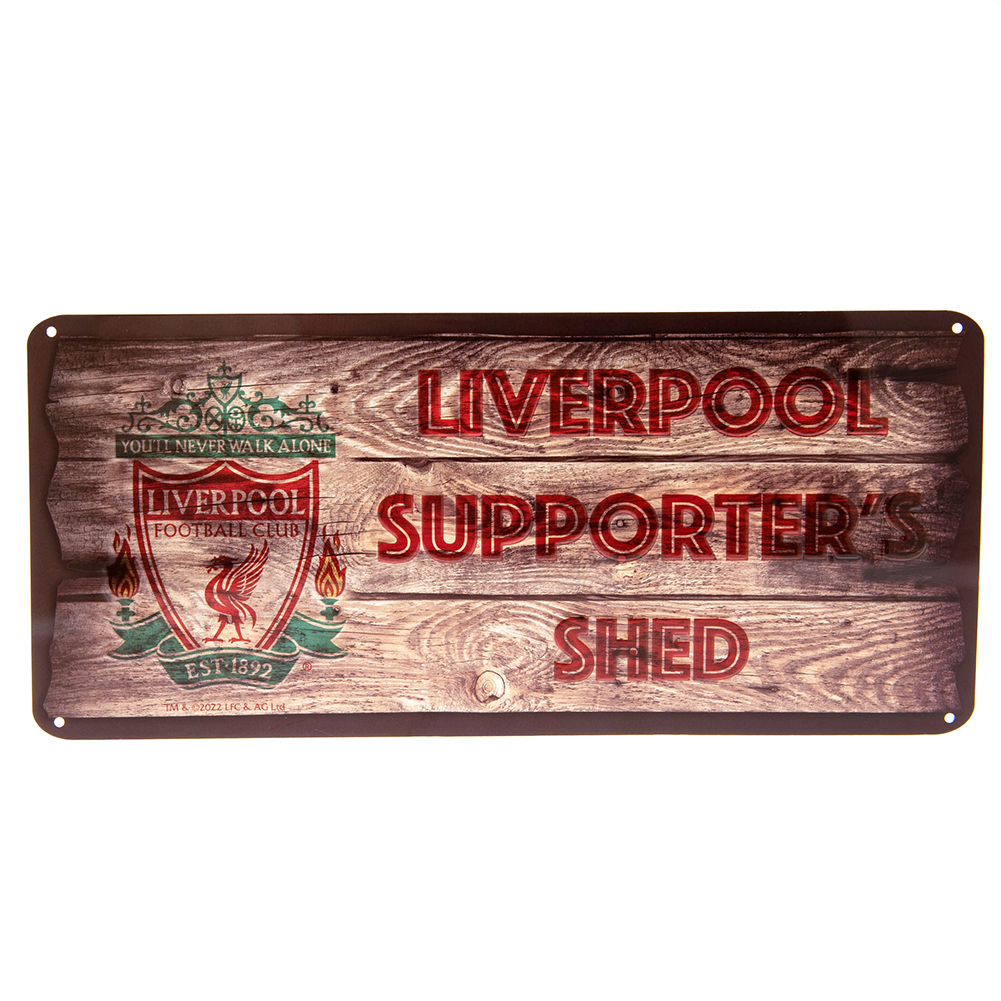 Liverpool FC metal shed sign with a large club crest and supporter's shed text on a wood panel background
