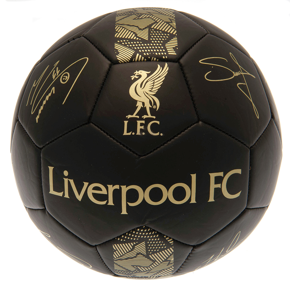 Liverpool FC matte black football with a gold printed Liverpool crest and official player signature prints
