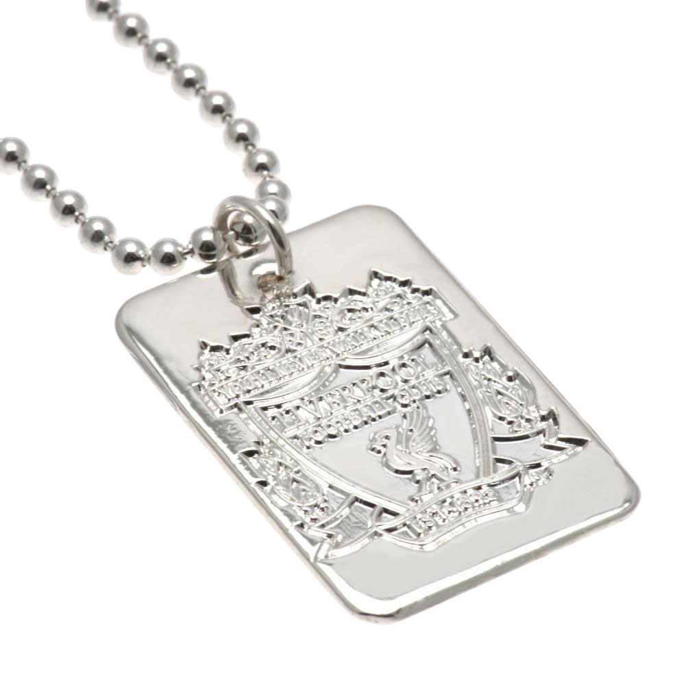 Liverpool FC silver plated dog tag with an embossed club crest on a chrome finish and ball chain