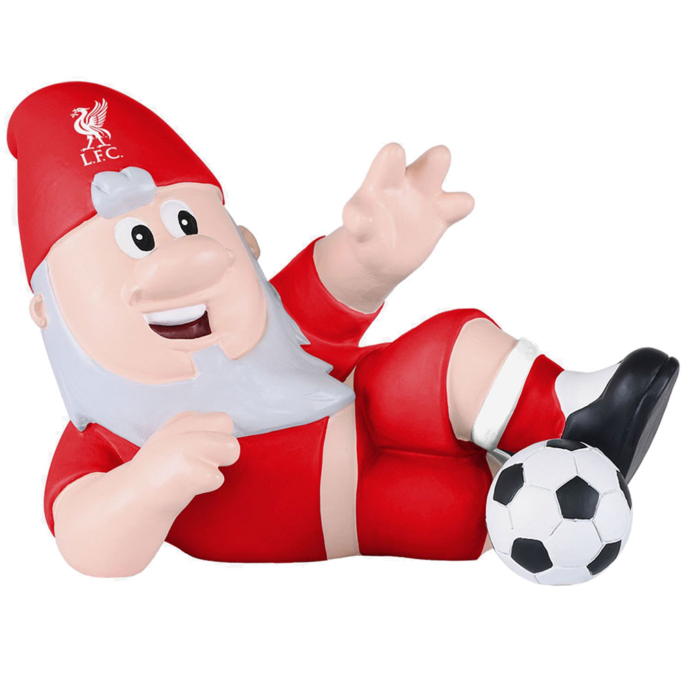 Liverpool FC resin garden gnome in classic home kit colours in a dynamic sliding tackle pose