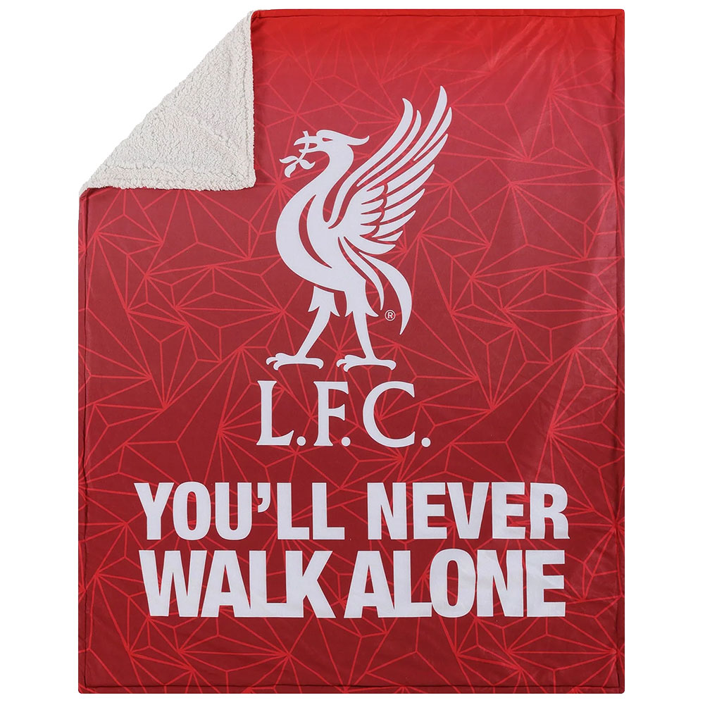 Liverpool FC red slogan design blanket with a white Liverbird crest and a white sherpa fleece reverse