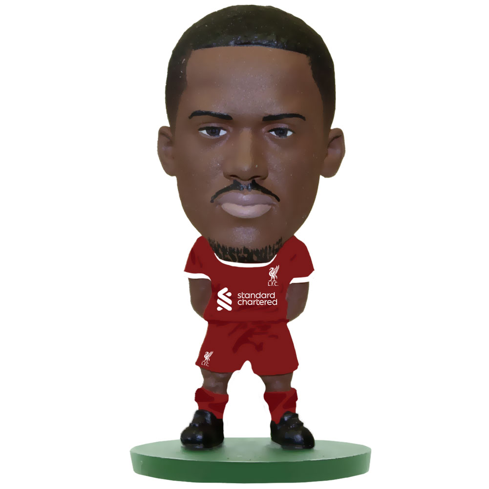 Ibrahima Konate SoccerStarz figure in the 2023-24 Liverpool home kit on a green base