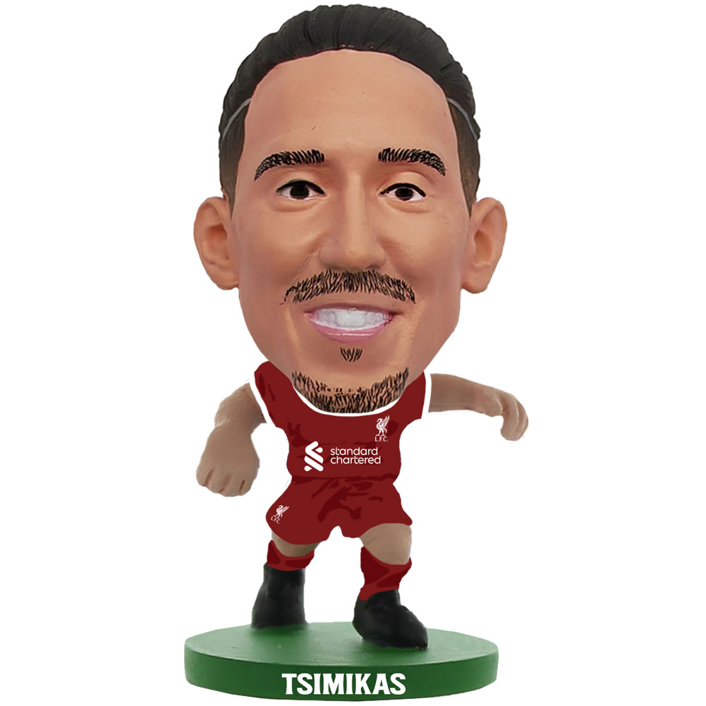 Kostas Tsimikas SoccerStarz figure in the 2023-24 Liverpool home kit on a green base