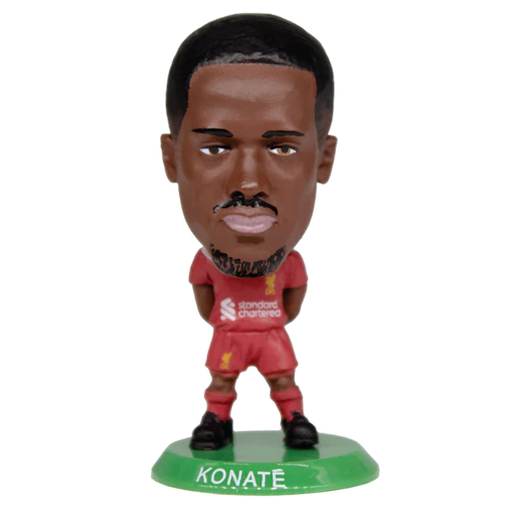 Ibrahima Konate SoccerStarz figure in the 2024-25 Liverpool home kit on a green base