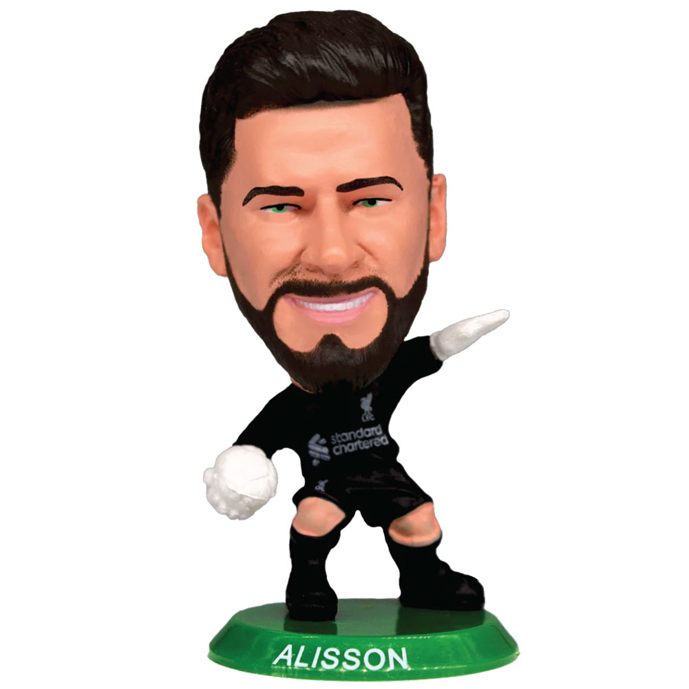 Alisson Becker SoccerStarz figure in the 2025-26 Liverpool home kit on a green base