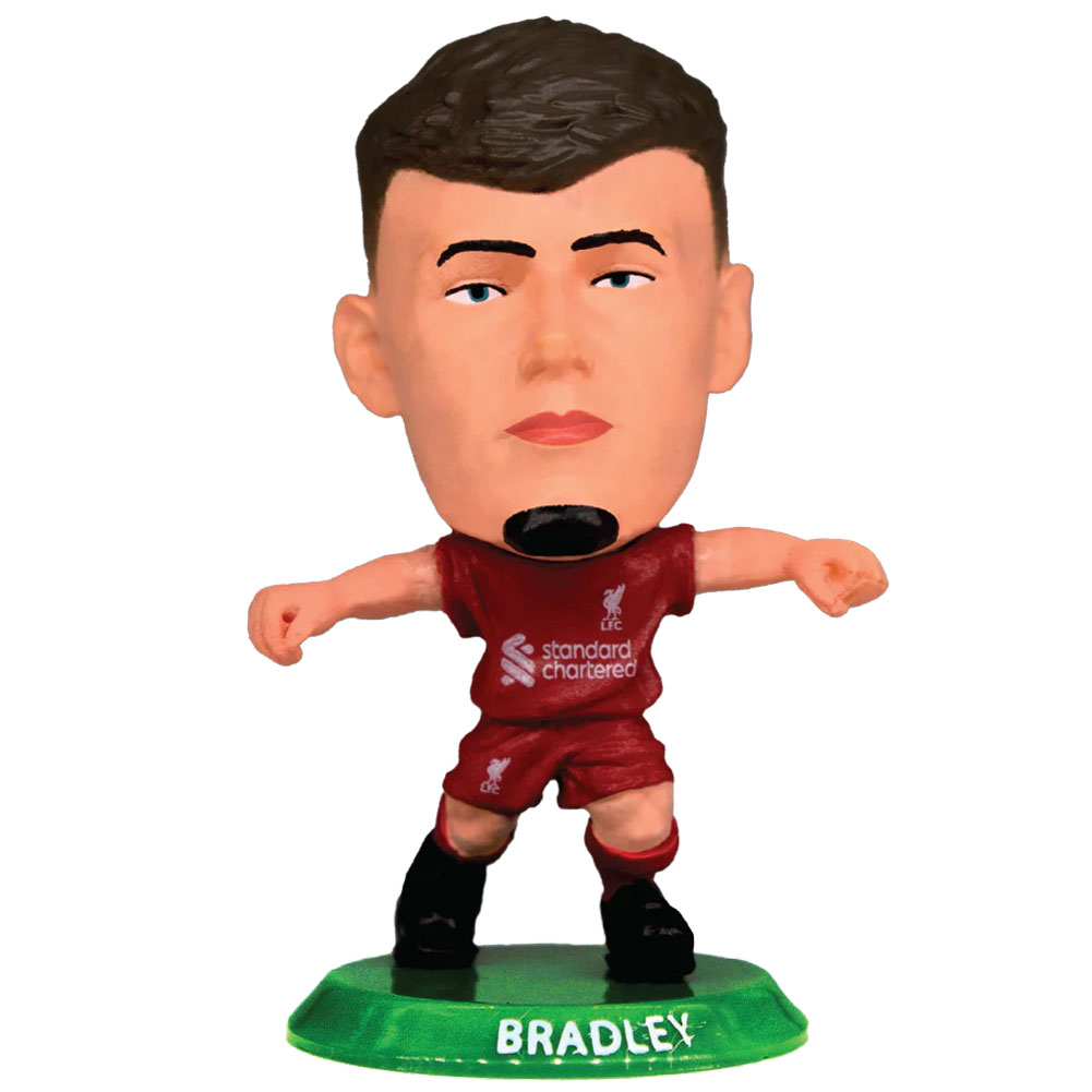 Conor Bradley SoccerStarz figure in the 2025-26 Liverpool home kit on a green base