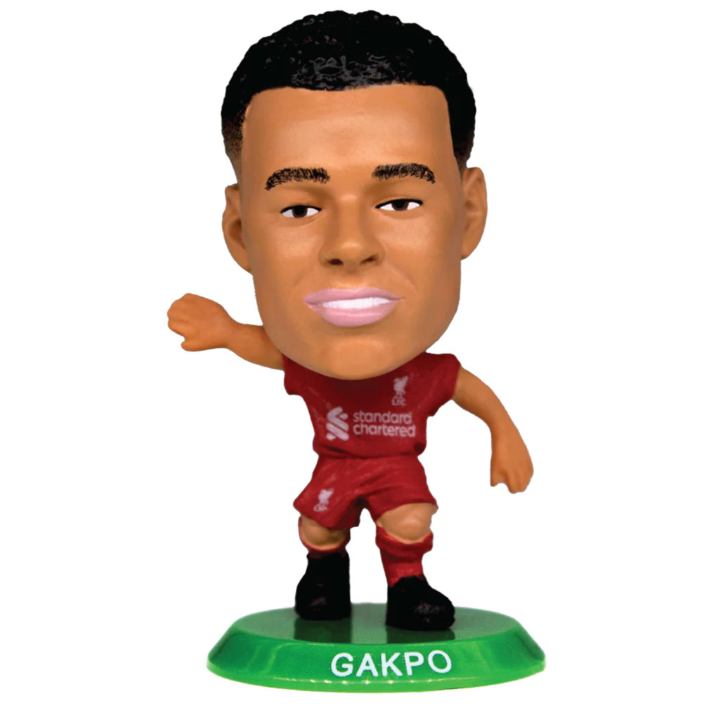 Cody Gakpo SoccerStarz figure in the 2025-26 Liverpool home kit on a green base