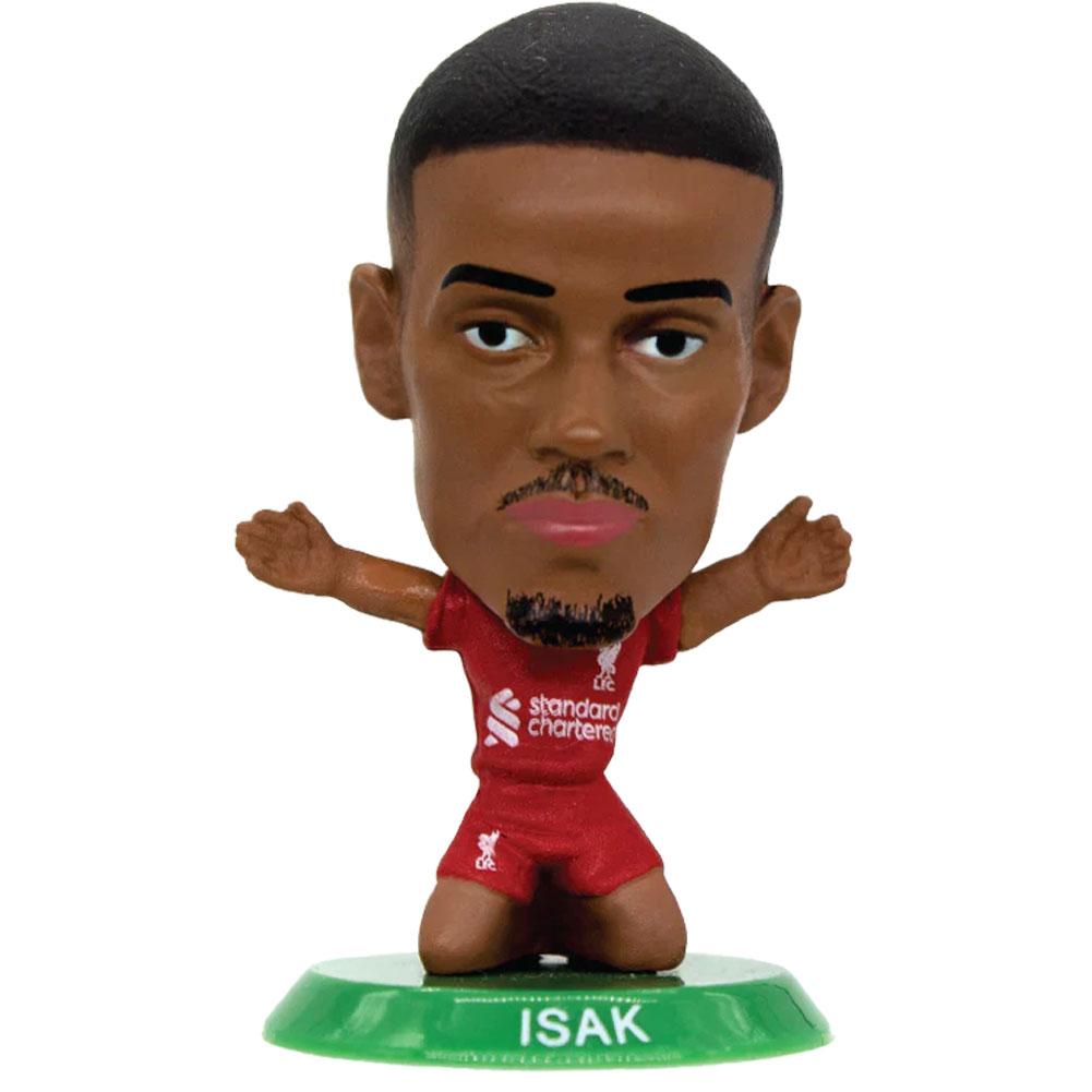 Alexander Isak SoccerStarz figure in the 2025-26 Liverpool home kit on a green base