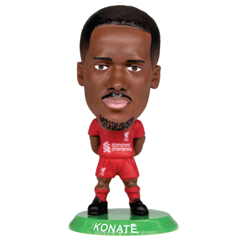 Ibrahima Konate SoccerStarz figure in the 2025-26 Liverpool home kit on a green base