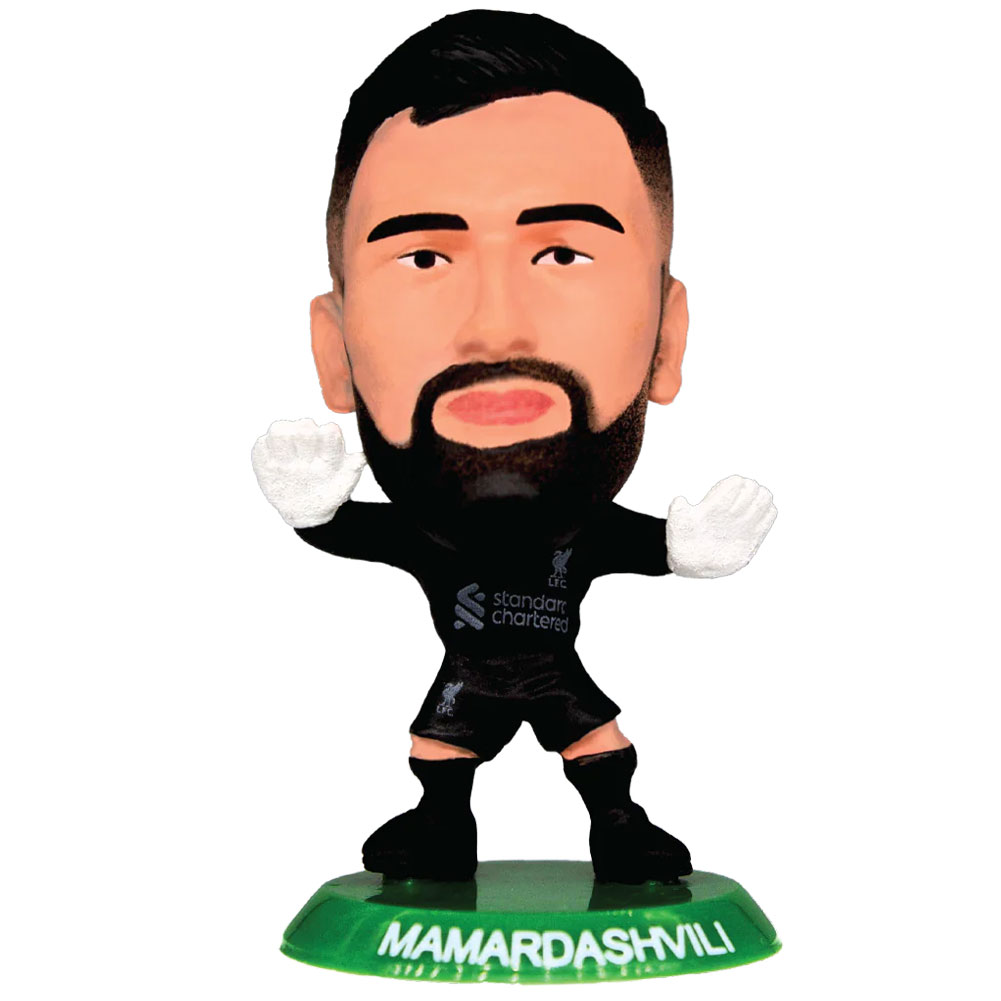 Giorgi Mamardashvili SoccerStarz figure in the 2025-26 Liverpool home kit on a green base