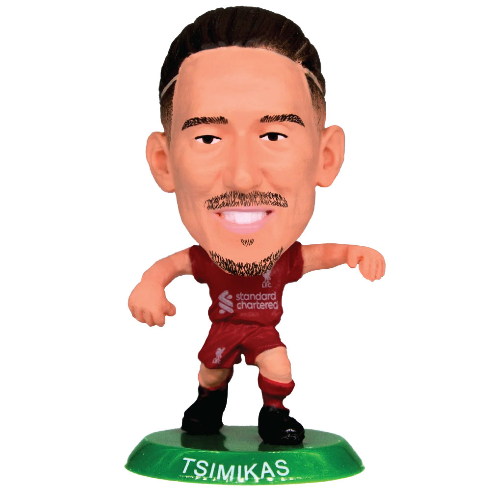 Konstantinos Tsimikas SoccerStarz figure in the 2025-26 Liverpool home kit on a green base
