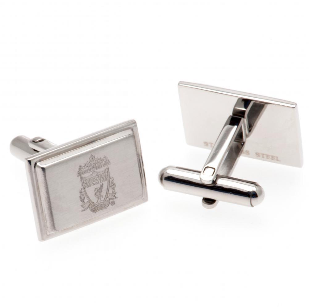 Pair of Liverpool FC stainless steel brushed satin rectangular cufflinks engraved with the Liverpool crest