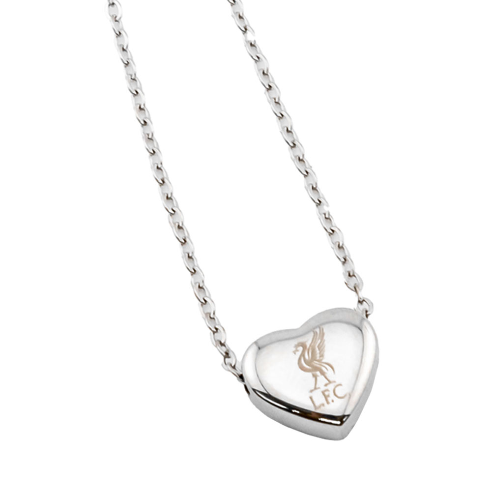 Liverpool FC stainless steel heart necklace with the Liverbird crest engraved on a chrome finish pendant
