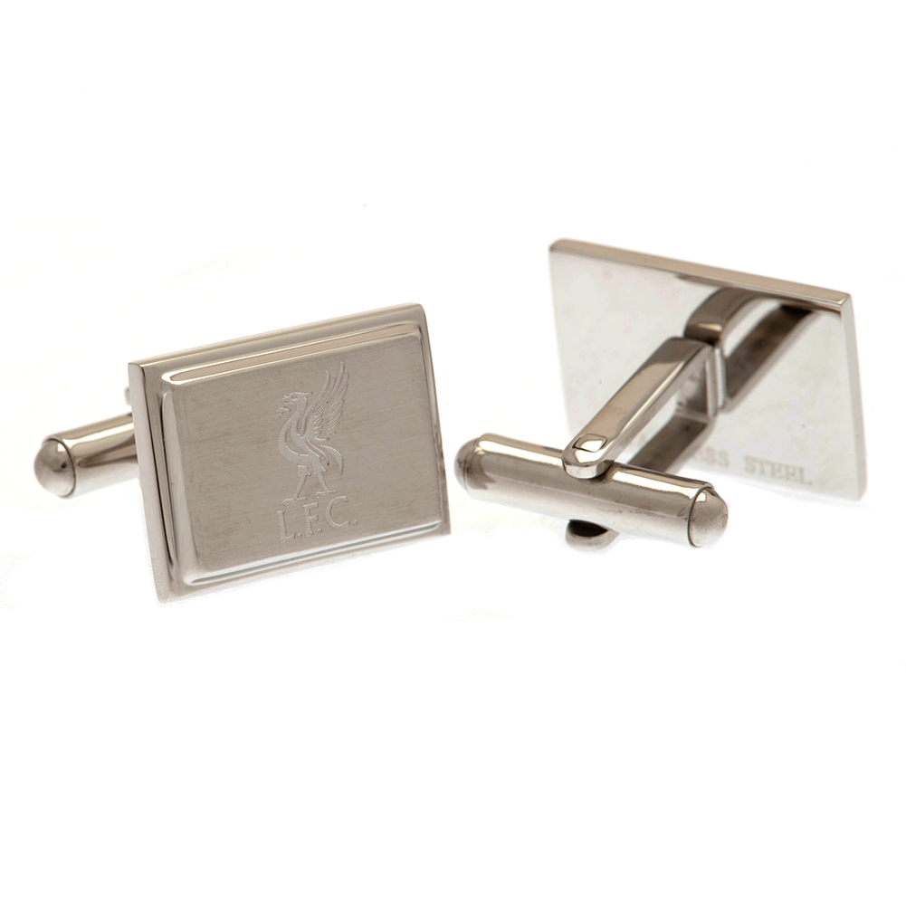 Pair of Liverpool FC stainless steel brushed satin rectangular cufflinks engraved with the LFC Liverbird