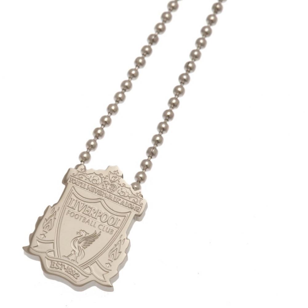 Liverpool FC stainless steel crest shaped pendant with chrome finish and engraved detail on a ball chain