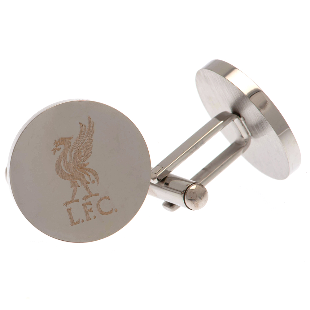 Liverpool FC round chrome-finish stainless steel cufflinks engraved with the Liverbird crest