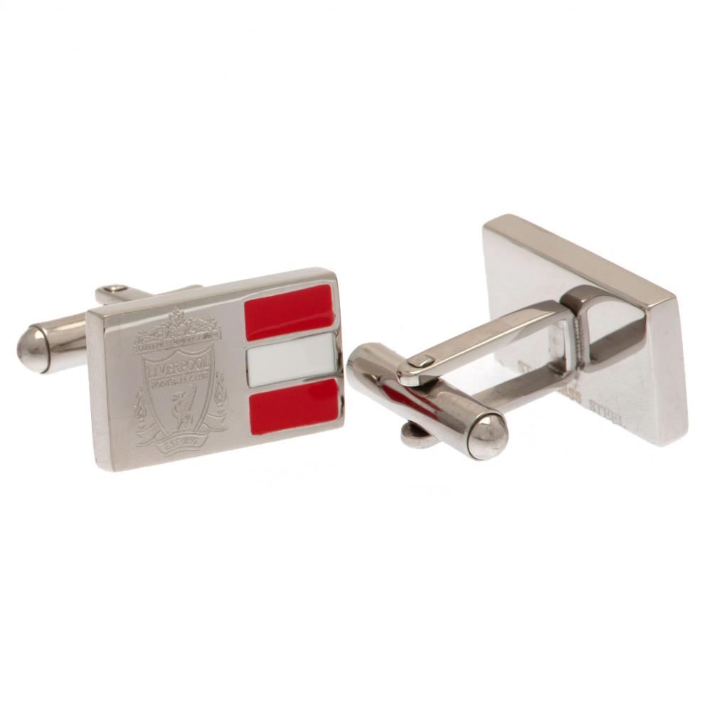 Liverpool FC rectangular stainless steel cufflinks engraved with the club crest and home kit colours