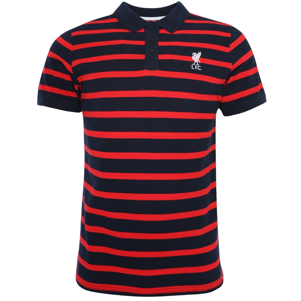 Liverpool FC men's red and navy striped polo shirt with an embroidered white Liverbird crest
