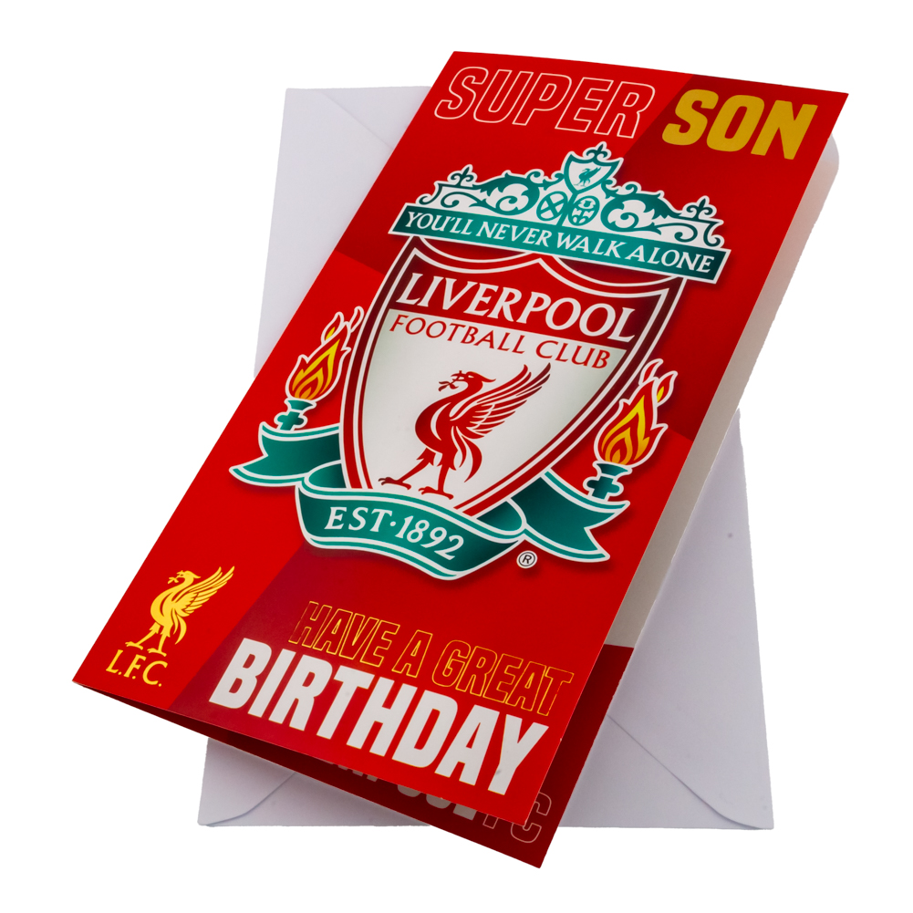 Liverpool FC red and white gloss Super Son birthday card with the LFC crest and Super Son title