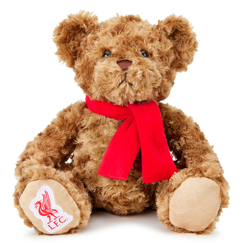 Liverpool FC supersoft plush bear sitting with beaded eyes and a red scarf, Liverbird on its paw