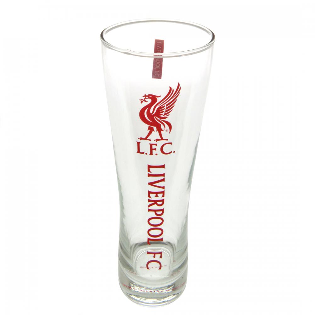 Liverpool FC tall slim pilsner style pint glass with red Liverpool FC text and a Liverbird club crest