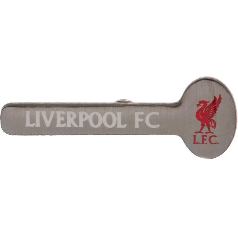Liverpool FC metal bar badge with white Liverpool FC text and a red crest in enamel