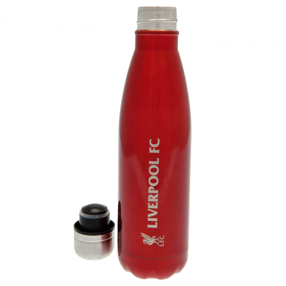 Red metallic finish Liverpool FC stainless steel thermal flask with a silver crest and Liverpool text
