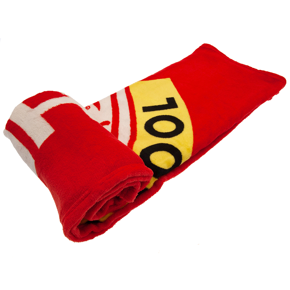 Liverpool FC retro design fleece blanket with a large LFC Liverbird crest and the text This Is Anfield